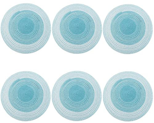 6 Stück Tischset Rund Platzteller,Tischsets Abwaschbar Boho Geflochten Platzsets Abwaschbar, Tischuntersetzer Platzdeckchen Untersetzer Teller Küche Dekoration (Hellblau,30cm)