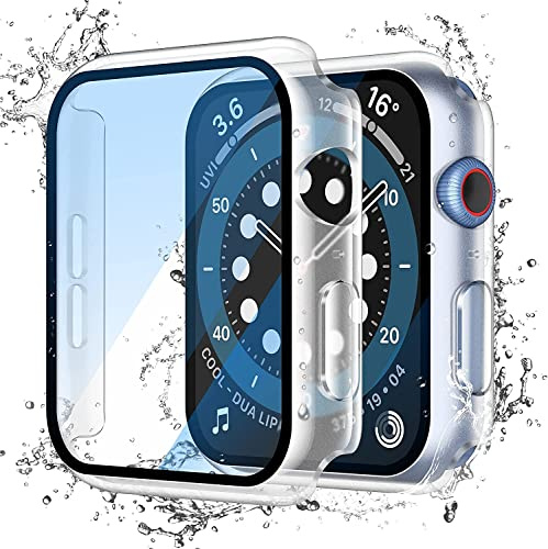 Misxi wasserdichte Schutzhülle für 44mm Apple Watch SE3/SE2/SE/Series 6/5/4 | 2 Stück Hard-PC Hülle, Gehärteter Glas Displayschutz, Stoßfeste Vollschutz und Kratzern, Ultradünn, Transparent