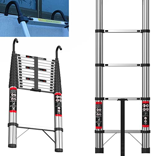 Scala telescopica pieghevole, scaletta telescopica, scaletta telescopica con 2 ganci, interruttore di sicurezza a più livelli, pieghevole, estensibile, singola destra, scala multiuso, carico: 150 kg
