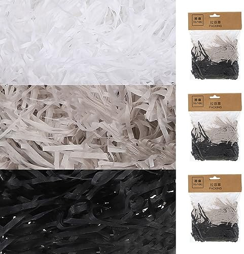 sourcing map 5er-Packung Füllmaterial Geschenk, 3mm Weicher Geschreddertes Papier Raffia Füllmaterial für Geschenkboxen, Geschenkkörbe, Pakete (Schwarz, Weiß, Grau)