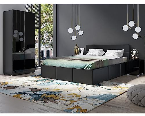 Lomadox Schlafzimmer Set 4-teilig mit Bett 160x200cm, 2 Nachttische, Kleiderschrank 2-TRG. in schwarz Hochglanz mit grauem Kunstleder Modern
