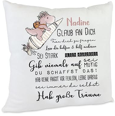 Kilala personalisiertes Kissen Geschenk zur Einschulung mit Namen des Erstklässlers Einschulungsgeschenk für Mädchen und Jungen (Dino Schultüte Mädchen)