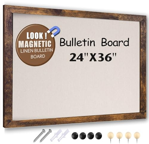 Große magnetische Pinnwand, 91,4 x 61 cm, rustikaler Holzrahmen, Korktafel mit Leinen, Wandmontage, Pinnwand mit Pinnnadeln für Zuhause, Büro, Schule