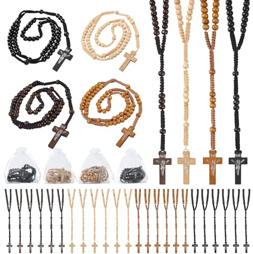 60 Set Wooden Rosary Beads Bulk Wood Catholic Rosaries with Jesus Holy Cross First Communion Wood Carved Rosary with Organza Bags Religious Rosary Catholic Baptism Church Present for Men Women (Multicolor)