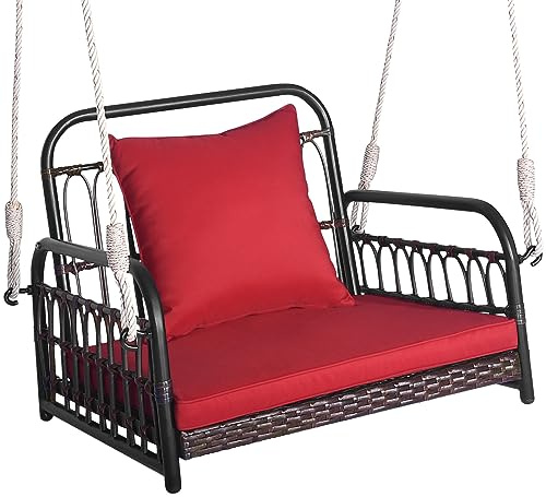 COSTWAY Hanging Porch Swing Chair, 1/2 Person Rattan Woven Hammock Chair with Back and Seat Cushion, Indoor Outdoor Front Porch Hanging Seat (Red + Mix Brown, 80 x 64 x 58 cm)
