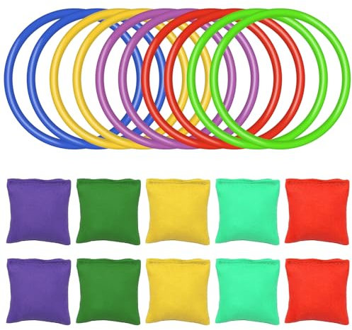 VEGCOO 20 Stück Wurfspiele Sets,10 Stück Nylon-Sitzsäcke + 10 Stück Kunststoffringe, Bohnensäckchen Set Sandsäckchen Geeignet für Heim- und Firmenaktivitäten im Innen- und Außenbereich