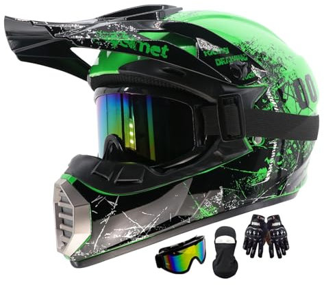 Casque De Moto Cross Enfant, Casque De Motocross Intégral, Casque Cycliste Pour Homme Femme, Casque Motocross Dirt Bike BMX MTB ATV Casque Moto, Garçon Et Fille Scooter De Ski VTT Casque(Color:Green,S