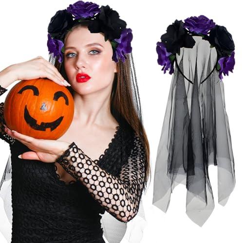 FainFun Halloween Schleier und Blume Stirnband - Damen Kostüm Schwarz Lila, Tag der Toten Kopfschmuck, Gothic Rosenschleier für Kostümparty