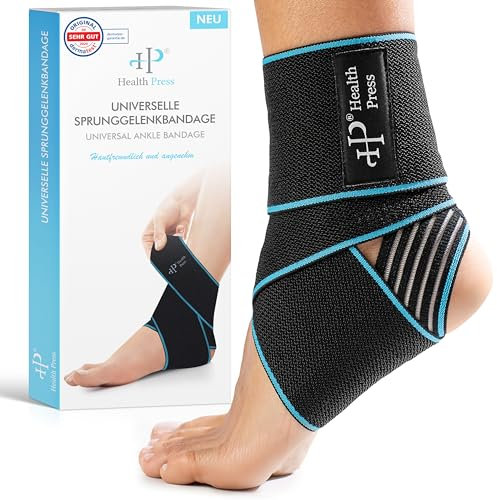 Health Press Universelle Sprunggelenkbandage – 1x Knöchelbandage – Zur erhöhten Stabilisierung & Entlastung des Sprunggelenks – Stützende Bandage fürs Fußgelenk – Verstellbare Fußbandage
