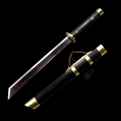 78cm Handgefertigtes gerades Schwert,Gemusterte Stahl gegrillte lila Klinge,Natürlichem Ebenholz Scheide und Reinem Kupfer Handschutz ,kurzes Katana für Cosplay,Dekor,Geschenke,Sammeln,Ausstellen