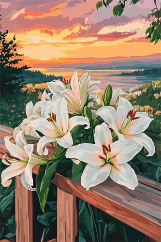 Malen nach Zahlen Lilie, Malen Nach Zahlen Erwachsene, Sonnenuntergang 60x75cm Paint by Numbers DIY Kreativ Bastelset Kinder Anfänger Handgemalt Ölgemälde Leinwand für Home Décor,Frauen Hobby Dekor
