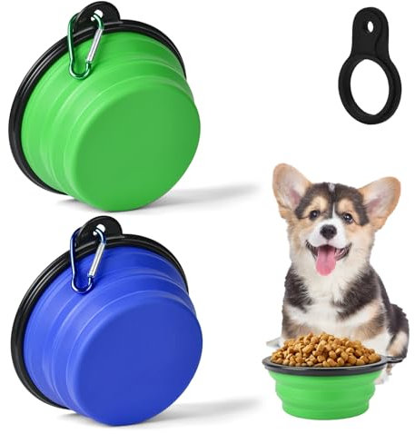 Adiwo 2 Pieces Collapsible Dog Bowl,Portable Pet Food Water Bowl with Carabiner,Pet Feeder for Cats, Dogs and Pets,for Traveling or Hiking (Green and Blue)