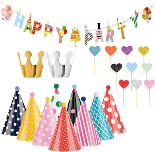 23 PCS Sombreros De Fiesta Decoración De Cumpleaños Diy Sombrero De Papel Con Pompones,Sombreros Cono,Pancartas Feliz Cumpleaños,Adornos Para Magdalenas Forma De Corazón,Para Cumpleaños Fiesta Navidad