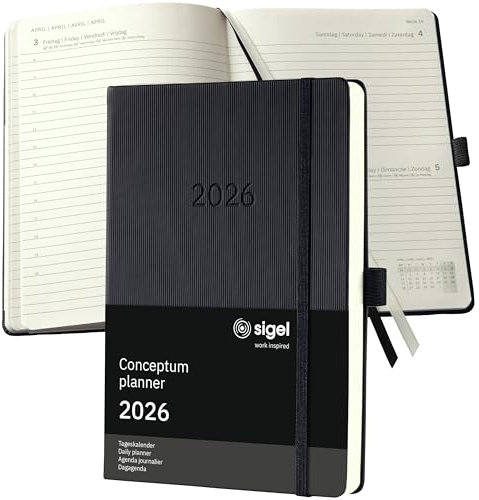 SIGEL C2610 Terminplaner Tageskalender 2026, ca. A5, schwarz, Hardcover, 400 Seiten, Gummiband, Stiftschlaufe, Archivtasche, aus nachhaltigem Papier, Chefkalender Conceptum