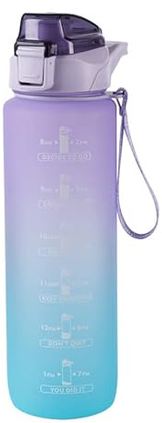 Xingdianfu Botella de agua de 1 litro con pajita, botella deportiva a prueba de fugas con marca de tiempo, botella deportiva para fitness, escuela, yoga, exterior (morado)
