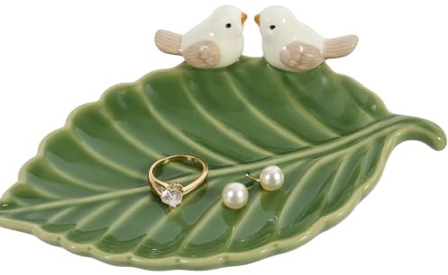 Green Leaf Trinket Dish with Birds, Ceramic Jewellery Tray for Rings, Earrings, Bracelets, Keys, Coins, Decorative Organiser for Bedside Table, Bathroom, Kitchen, Gift for Weddings, Birthdays