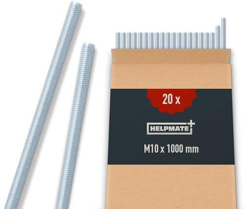 HELPMATE Tige filetée M10 x 1000 mm en acier galvanisé - Lot de 20 tiges filetées avec filetage métrique complet - Vis sans tête classe de résistance 4.8, DIN 976