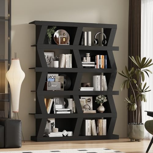 DEZAGCE Bücherregal, Schaukasten, Vitrine, Bücherregal mit 10 offenen Ablagefächern, schwarzes 5-Fach-Regal, Wohnzimmer, Arbeitszimmer, 160 cm x 30 cm x 120 cm, schwarz, MDF