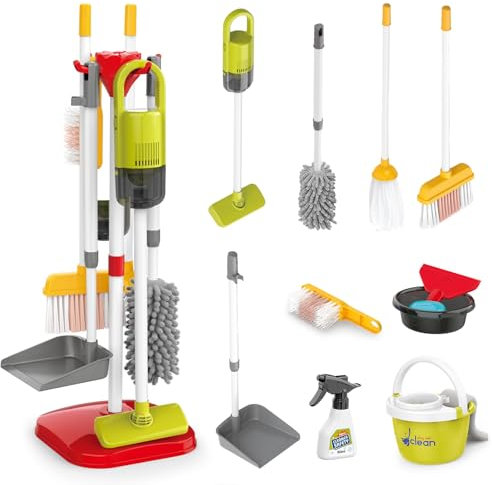 Juego de Limpieza para Niños, 22 Piezas Juguete para el Hogar Juego de Simulación con Aspirador de Trabajo, Escoba recogedor, Kit Limpieza Regalo Juguetes de rol para Niñas Niños de 3-6 Años (Rojo)