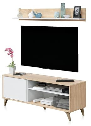 duehome | Modulo TV con Estante, Mueble de Salon, Juego de Muebles, Modelo Lira, Acabado en Blanco Artik y Roble Canadian, Medidas: 135 cm (Ancho) x 50 cm (Alto) 40 cm (Fondo)