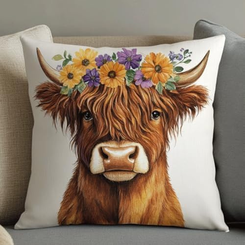 ANSIWEIGO Kit Point De Croix Pour Coussin,Vache Animale Et Fleurs Coussin Décoratif Brodé 18x18 pouces Coussins À Broder Fait Main Diy Coussin Stitch Housse De Coussins À Broder Point De Croix