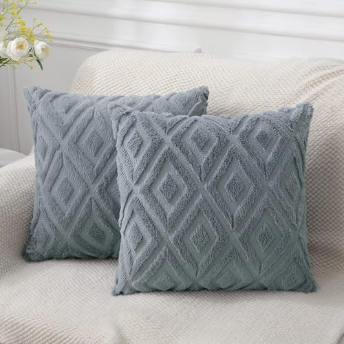 2er Set Boho Kissenbezug 45x45 cm, Kissenbezüge Flauschig Kissen Plüsch Kissenhüllen 45x45 Dekokissen Sofakissen Boho Deko Zierkissen Kissenhülle Fellkissen für Sofa Schlafzimmer Wohnzimmer (Grau)