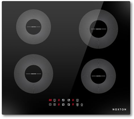 NOXTON Placa de inducción 4 fuegos, 60 cm, Función de boost, Control táctil, Bloqueo de seguridad para niños, 9 niveles de potencia, Apagado automático, 220 V ~ 240 V, 7200 W, Sin enchufe.