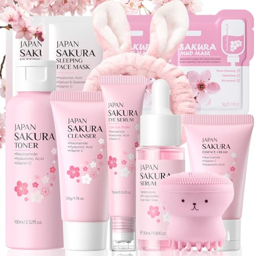 Sakura Skincare Set Teenager Mädchen Geschenke, Geschenkset Frauen, Skin Care Set, Gesichtspflege Set, Beauty Set Mädchen mit Gesichtscreme,Reiniger,Toner,Serum,Augenserum,Mask,Schlammmaske (11pcs)