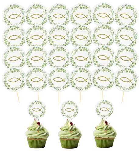 24 Stück Cake Topper Taufe, Fisch Eukalyptus Tortendeko Taufe, 24 Stück Holzstäbchen und 2 Stück Klebriger Punkt, Tortendeko für Deko, Geburtstage, Taufen Duschen