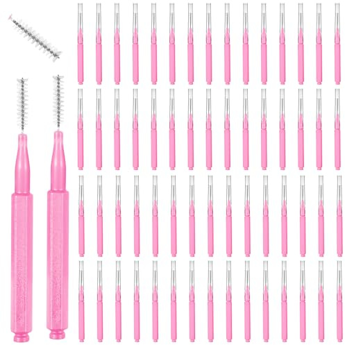 60PCS Micro Eyebrow Brush With Cap, Pink Brow Lamination Brush Eyebrow Brushes Portable Brow Spoolie Brushes for Eyebrows Eyelashes Extensions