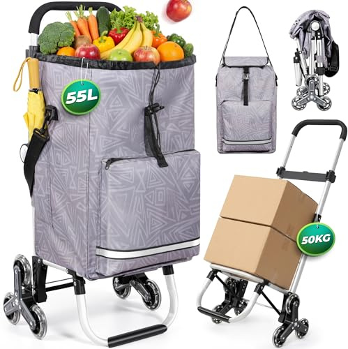 Einkaufstrolley klappbar Einkaufswagen mit 50L + 5L kühlfunktion Bis 50 kg | Einkaufstasche mit Rollen 3 in 1 Shopping Trolley & Sackkarre & Umhängetasche (Geometrie-Print, Treppensteiger)