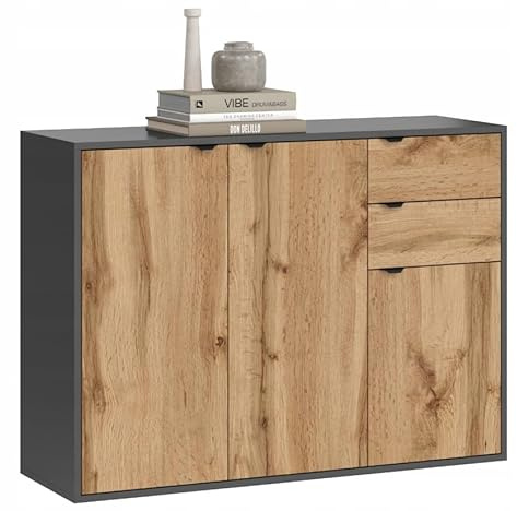 BDW - Kommode mit Schubladen und Einlegeböden - Sideboard Wohnzimmer - für Schlafzimmer, Kinderzimmer, Jugendzimmer, Flur - aus Solider laminierter Möbelplatte - 111x35x80cm, Leo Graphit/Eiche Wotan