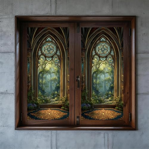 Window Film 17.32 x 39.37 Inch Decorative Colored Glass Style Sticker with Gothic Arch Forest View and Floral Pattern Privacy Window Cling Removable Reusable Decoration for Home Office Bedroom