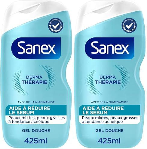 SANEX - Derma Thérapie - Gel douche anti-acné réduisant la production de sébum - Peaux mixtes à grasses - Complexe d’acides aminés et niacinamide - Préserve la barrière cutanée - 425ml (Lot de 2)