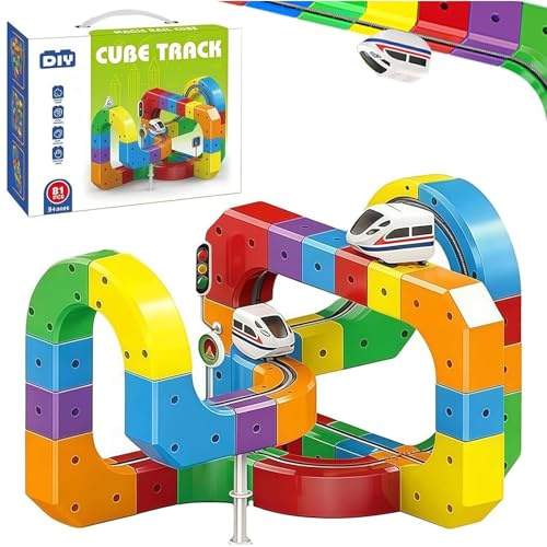 Clickrail Electric Train Set, Track Fusion Train Toy, Magic Rail Cube Train Set, with Gravity-Defying Motorized Train, DIY Cube Track, Flexible Race 3D Building Tracks (81pcs)