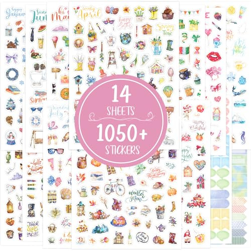 AIBAOBAO Pegatinas Estaciones, 1050+ Pcs/14 Hojas Stickers Scrapbooking Brillantina para Bullet Journal, Journaling, Sobres, Álbum de Fotos y Agenda, Materiales DIY para Niños y Adultos, 21.5 x 16 cm