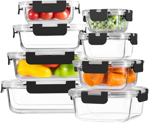 8Pack Glass Food Storage Containers with Lids, Airtight Meal Prep Container | Reusable Leak Proof Food Containers for Lunch & Meal Prep, Oven, Freezer & Dishwasher Safe, BPA-Free, 150ml to 1040ml