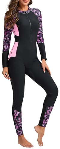 IMEKIS Long Sleeve One Piece Swimsuit for Women Full Body Rash Guard Floral Print Zipper Front UPF 50+ Wetsuit Modest Swimwear Surfing Bathing Suit Beachwear