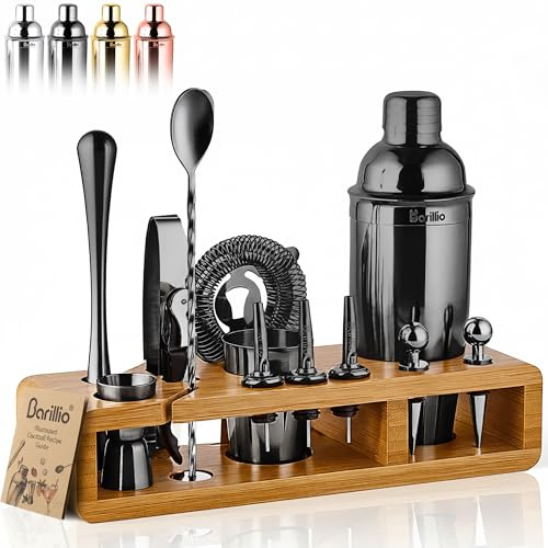 Barillio Elite - Kit de Barman de 23 Piezas con coctelera de Acero Inoxidable con Soporte de bambú, Bolsa de Transporte de Terciopelo y Libro de Recetas, 23 Piezas de Bar Conjunto con Soporte, Color