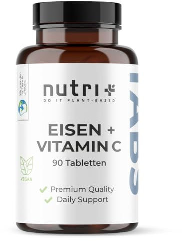 Nutri + Eisentabletten 50 mg hochdosiert + vegan mit natürlichem Vitamin C aus Acerola - 90 Eisen Bisglycinat Tabletten für Schwangere und Kinder etc