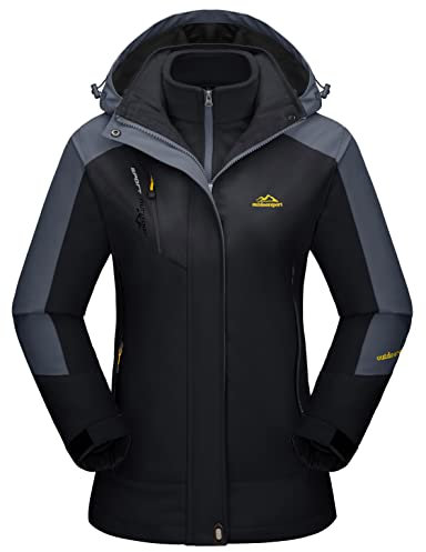 KEFITEVD Winterjacke Damen Wasserdicht Warm Herbst Winter Jacke mit Innenjacke 3-in-1 Regenjacke Fleecejacke Viele Taschen Softshell Wanderjacke Schwarz M