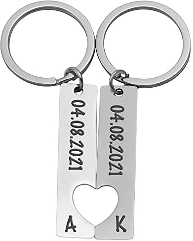 Partner Schlüsselanhänger Personalisiert | 2er Set mit Gravur Datum und Namen | Geschenk zum Jahrestag Valentinstag Geburtstag für ihn und sie | Anhänger mit Herz Männer und Frauen