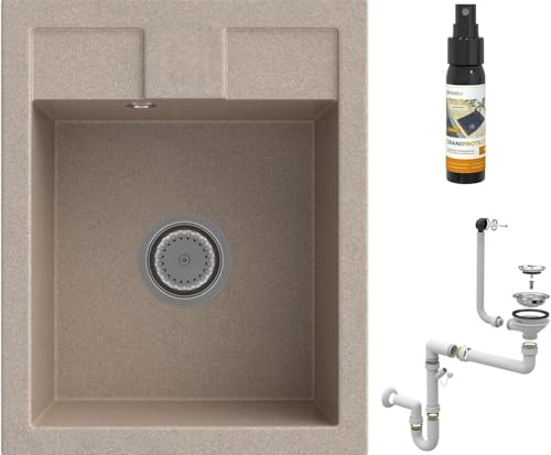 GRANITAN BEST Küchenspüle – Spüle aus Granit mit Siphon Chrom, Sieb und Imprägniermittel - Spülbecken mit 1 Becken – Einbauspüle 40x50 cm – Braun