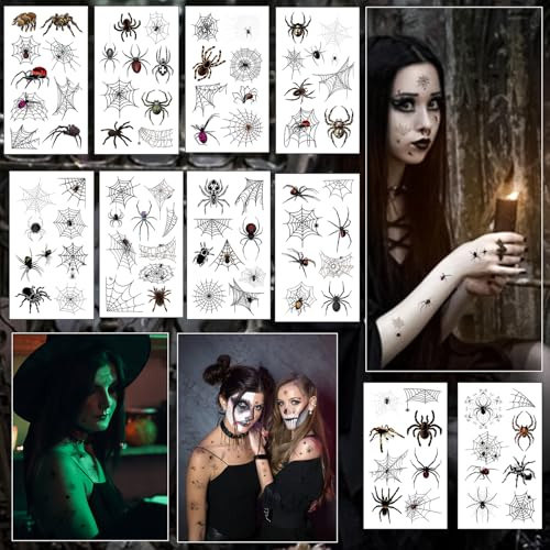 10 Blätter Spinnen Temporäre Tattoos, Halloween Temporäre Schwarz Spinnennetze Tattoos, Spinnennetze Gesicht Tattoo, Karneval Spinnen Tattoo, für Halloween Makeup Grusel party Rave