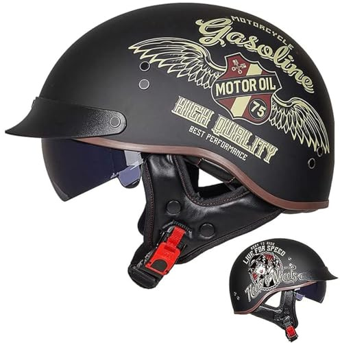 Casque Bol Homologué ECE Jet Brain Cap Demi-Casque Moto Vintage Brain Demi-Coque RéTro Ouvert Visière IntéGrée Cruiser Chopper Scooter Cyclomoteur,C-L=（59~60cm）