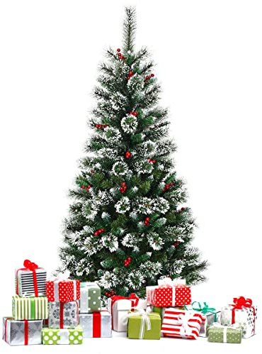 GYMAX Sapin de Noël 150cm Artificiel, avec Aiguilles de Sapin, Baies Rouges, Recouvert de Neige, Support Métallique