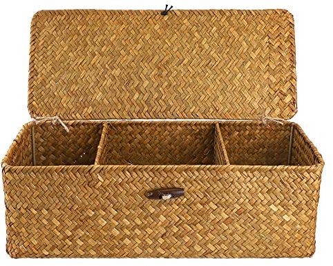 Hipiwe Seagrass Storage Basket Bin with Lid Rectangular Woven Shelf Baskets for Closets Pantry Bathroom Kitchen Shelf Organizing, Caramel,14.2 x 6.3''x 4.7''