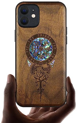 Carveit Coque magnétique pour iPhone 12 Étui de Protection TPU Coque [Gravure en Bois et Incrustation de Coquille] Compatible avec 12 Magsafe Artistique Coque (Noyer-Vegvisir Viking)