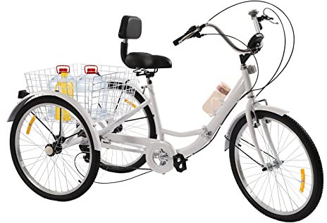GramStudio Dreirad Fahrrad, 24 Zoll Dreirad für Erwachsene 3 Rad Cityräder mit Gemüsekorb, Tragfähigkeit 140kg, für Senioren Erwachsene, Weiß