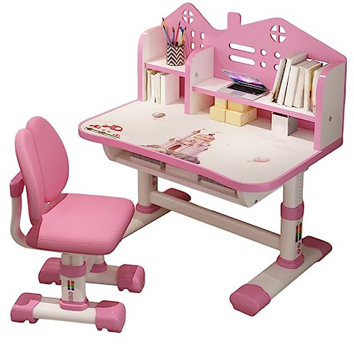 Calager Kinderschreibtisch Höhenverstellbar,Schreibtisch Kinder ab 6 Jahren,Kinderschreibtisch mit Stuhl,Bücherständer,Schüler-Lerntischstuhl für Mädchen und Jungen (Rosa A)